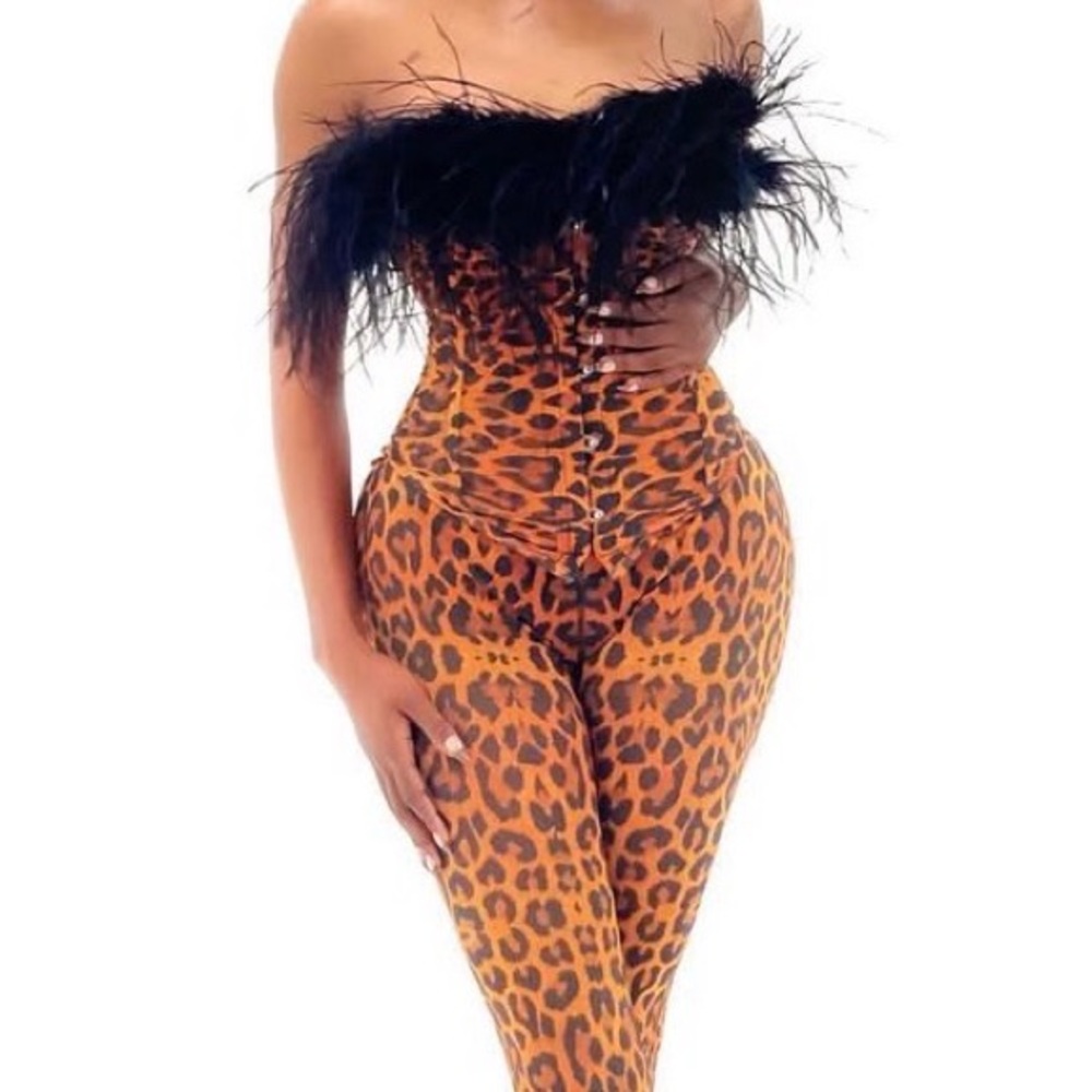 Leopard Print Strapless Jumpsuit with Black Feather Trim